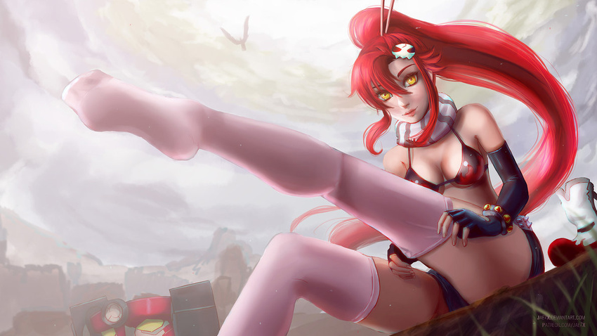 00s 1girl bangs boots breasts female gloves gun jaezx long_hair pink_legwear pink_thighhighs ponytail red_hair scarf short smile solo tengen_toppa_gurren_lagann thighhighs tied_hair weapon yellow_eyes yoko_littner