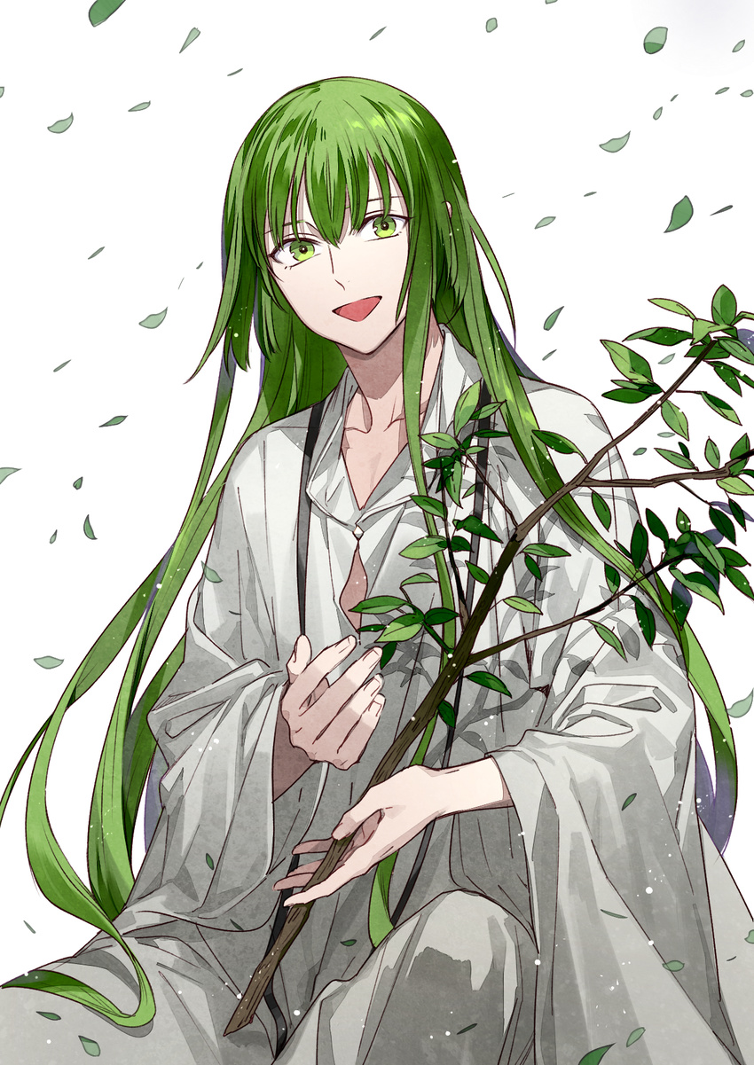 androgynous bangs enkidu_(fate/strange_fake) fate/strange_fake fate_(series) green_eyes green_hair hair_between_eyes highres kazari_tayu leaf light_particles long_hair looking_at_viewer male_focus open_mouth ribbon robe simple_background sitting smile solo tree_branch very_long_hair white_background white_robe wind