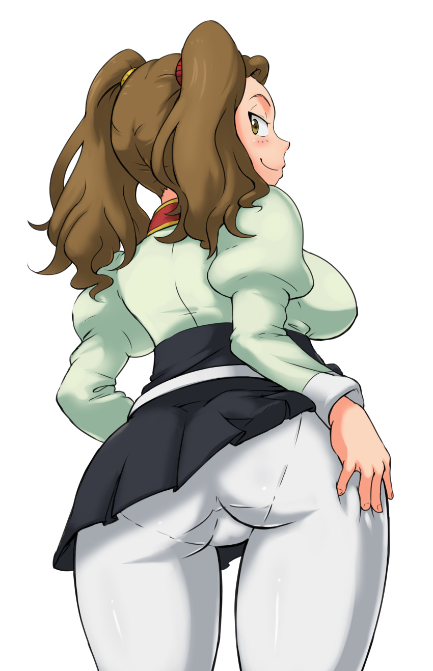 1girl ass blush breasts brown_eyes brown_hair come_hither deep_skin from_behind gundam gundam_build_fighters gundam_build_fighters_try hair_ornament hand_on_ass large_breasts long_hair looking_at_viewer looking_back malev pantyhose pantylines parted_lips sazaki_kaoruko shiny shiny_hair shirt sideboob smile solo twintails