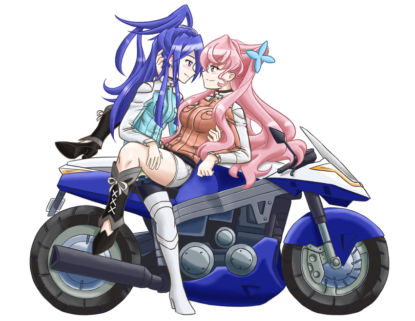 2girls bike blue_hair blush closed_mouth couple eye_contact flirting hair_ornament happy hug jacket kazanari_tsubasa long_hair looking_at_another maria_cadenzavna_eve motorcycle multiple_girls mutual_yuri on_motorcycle on_vehicle parmesan pink_hair senki_zesshou_symphogear simple_background smile vehicle very_long_hair yuri