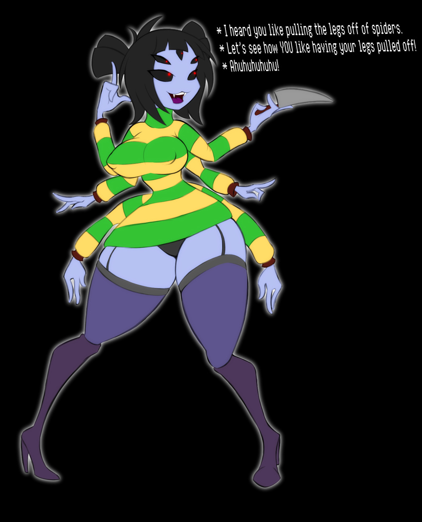 2016 anthro arachnid arthropod big_breasts black_bottomwear black_clothing black_panties breasts chara_(undertale) clothing english_text fangs female footwear garter_straps hi_res high_heels jrvanesbroek knife legwear lingerie muffet nipple_bulge open_mouth panties possession shoes smile solo spider stockings text thick_thighs undertale underwear video_games voluptuous wide_hips