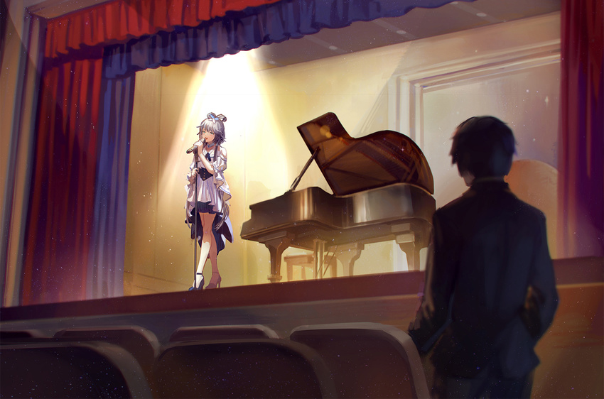 1girl achyue black_hair curtains dress from_behind hair_ornament hair_rings high_heels indoors instrument looking_at_another luo_tianyi microphone microphone_stand music piano silver_hair singing spotlight stage standing vocaloid vocanese white_dress