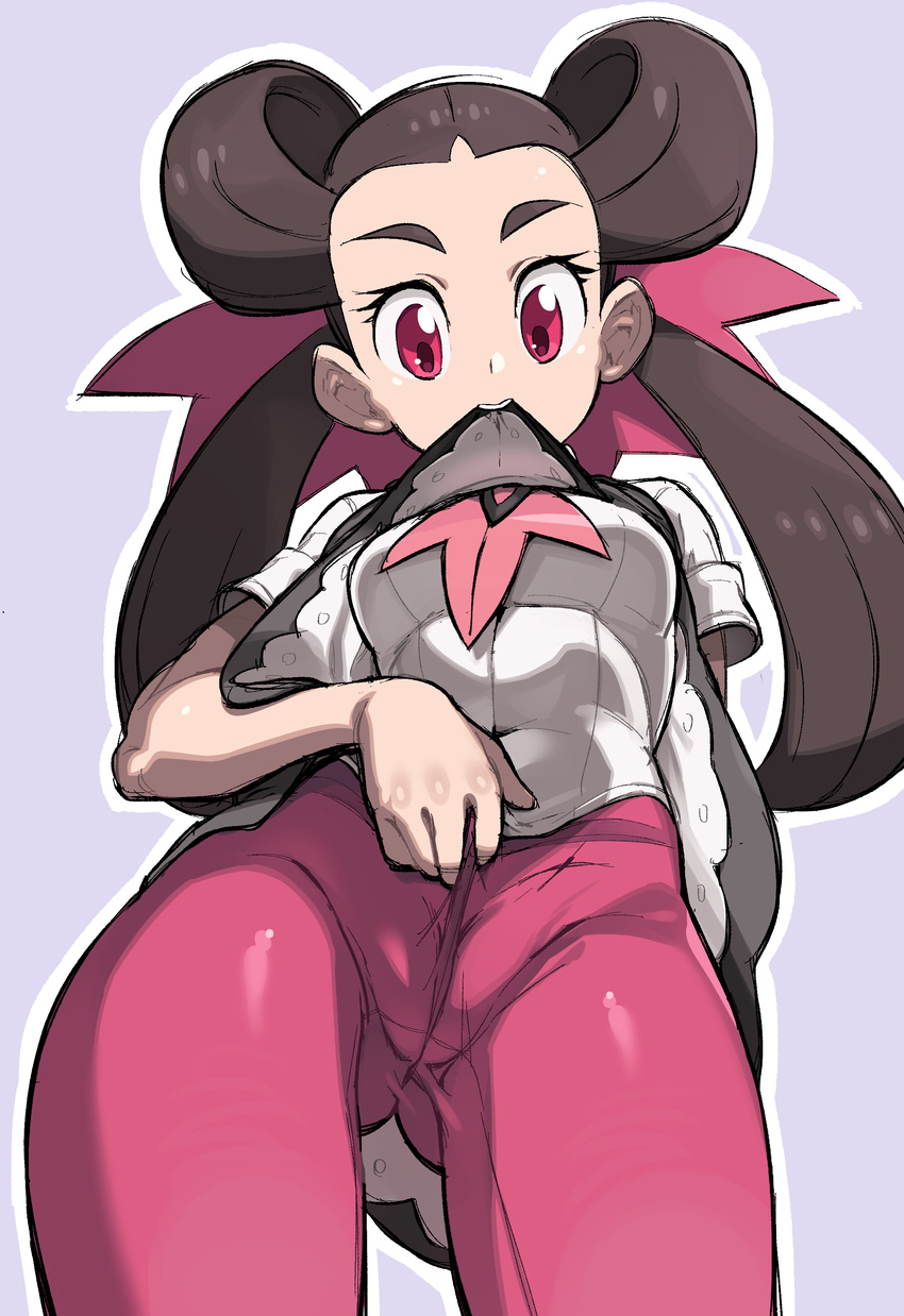 absurdres ass_visible_through_thighs bad_id bad_pixiv_id breasts brown_hair cameltoe covered_navel dress dress_lift glo-s-s grey_background hair_ornament hair_pulled_back hair_rings highres long_hair mary_janes medium_breasts pantyhose pantylines pink_eyes pink_legwear pokemon pokemon_(game) pokemon_oras presenting shoes short_sleeves simple_background solo standing tsutsuji_(pokemon)