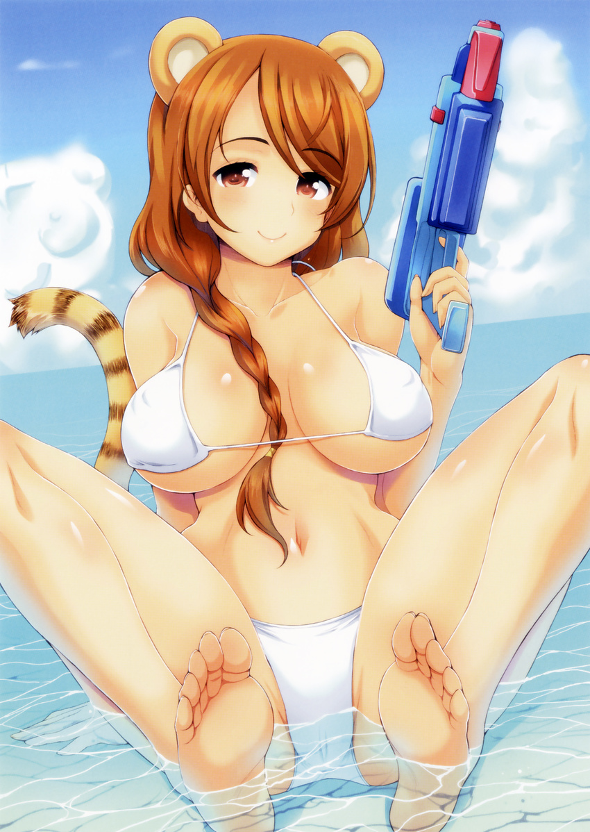 absurdres animal_ears arm_at_side arm_support bangs bare_arms bare_legs bare_shoulders barefoot beach bikini blue_sky braid breasts breasts_apart brown_eyes brown_hair closed_mouth cloud cloudy_sky covered_nipples cropped day eyebrows_visible_through_hair feet finger_on_trigger fingernails hagiya_masakage hair_over_shoulder hand_up highres holding large_breasts legs legs_up long_fingernails long_hair long_toenails looking_at_viewer navel non-web_source ocean original outdoors scan sitting sky soles solo stomach strap_gap swept_bangs swimsuit tail tiger_ears tiger_tail toenails toes toranoana water water_gun white_bikini