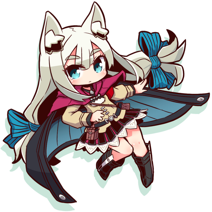 7th_dragon_(series) 7th_dragon_2020 7th_dragon_2020-ii :&lt; animal_ears black_footwear blue_bow blue_eyes boots bow chibi closed_mouth eyebrows_visible_through_hair fox_ears fox_tail full_body hair_bow knee_boots long_hair lucier_(7th_dragon) naga_u solo tail white_hair