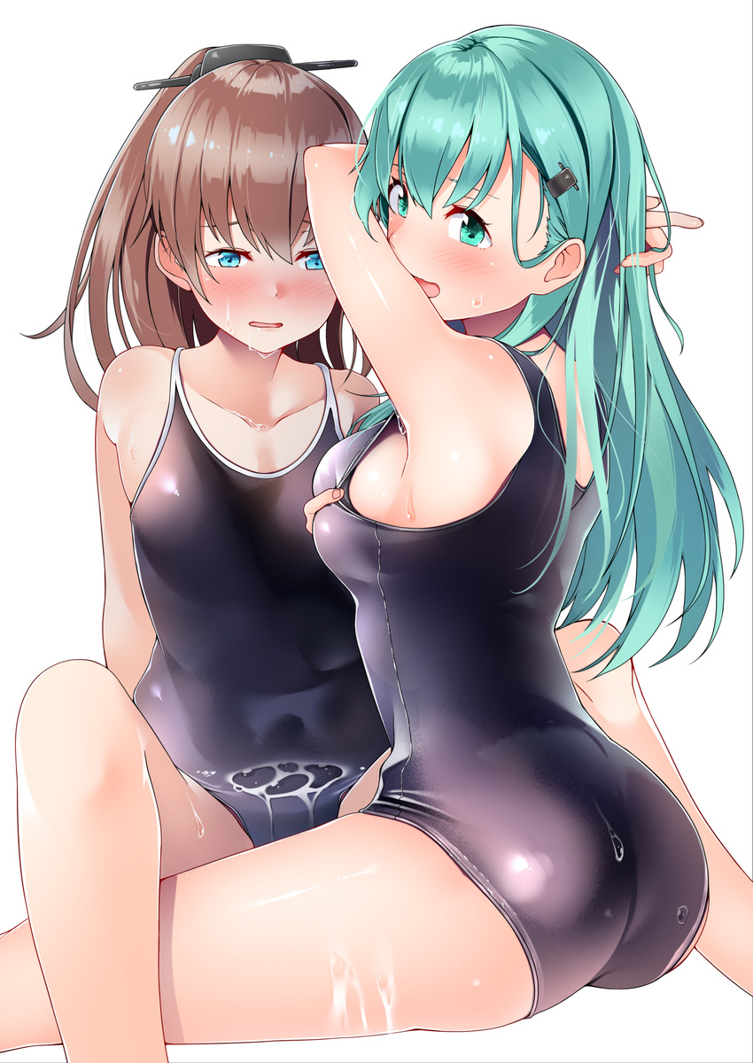 alternate_costume aqua_eyes aqua_hair ass blue_eyes blush breasts brown_hair byte_(allbyte) collarbone commentary_request competition_school_swimsuit hair_between_eyes hair_ornament hairclip highres kantai_collection kumano_(kantai_collection) long_hair looking_at_viewer looking_back medium_breasts multiple_girls nose_blush one-piece_swimsuit open_mouth ponytail shiny shiny_clothes sideboob simple_background sitting small_breasts suggestive_fluid suzuya_(kantai_collection) swimsuit swimsuit_pull wet white_background