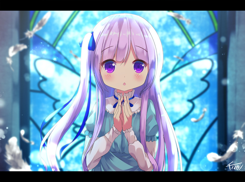 blue_ribbon blush chinomaron gotou_jun hair_ribbon highres letterboxed long_hair long_sleeves looking_at_viewer one_side_up parted_lips purple_eyes purple_hair ribbon signature solo tenshi_no_3p! triangle_mouth upper_body