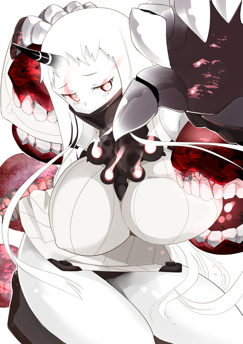 breasts claws commentary_request covered_mouth detached_sleeves dress highres horn kantai_collection large_breasts long_hair mittens pale_skin red_eyes ribbed_dress ribbed_sweater seaport_hime shinkaisei-kan shiyoo short_dress solo sweater sweater_dress very_long_hair white_dress white_hair white_skin