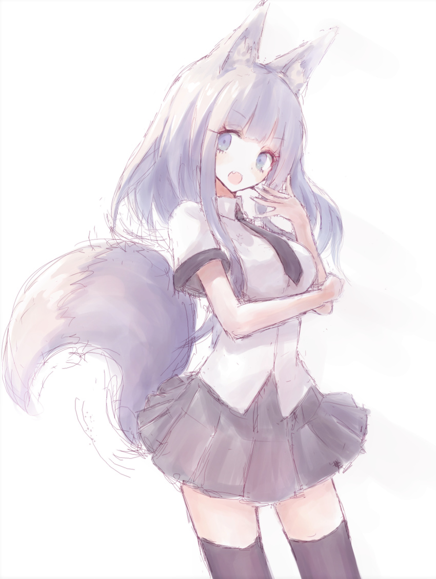 animal_ears blue_eyes buran_(kure) cowboy_shot fang fox_ears fox_tail highres long_hair looking_at_viewer necktie open_mouth original shirt silver_hair simple_background skirt solo standing tail thighhighs