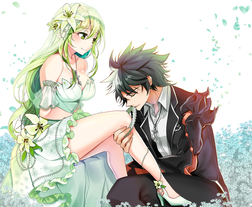 1girl bare_legs black_hair bride closed_eyes closed_mouth collarbone couple dress elsword flower formal grand_archer_(elsword) green_eyes green_hair hair_flower hair_ornament hamericano hetero high_heels highres jewelry kneeling leg_garter lily_(flower) long_hair mechanical_arm messy_hair mouth_hold multicolored_hair necklace raven_(elsword) reckless_fist_(elsword) rena_(elsword) shoes sitting smile suit two-tone_hair white_dress white_footwear white_hair