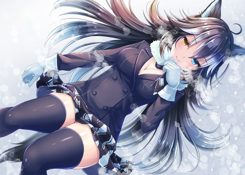 ahoge akashio_(loli_ace) animal_ears black_hair black_legwear black_neckwear black_skirt blazer blue_eyes breasts breath buttons cleavage commentary_request eyebrows_visible_through_hair fur_collar gloves grey_wolf_(kemono_friends) heterochromia jacket kemono_friends long_hair long_sleeves looking_at_viewer lying medium_breasts miniskirt multicolored_hair necktie on_back skirt smile snow solo tail thighhighs two-tone_hair white_gloves white_hair wolf_ears wolf_tail yellow_eyes zettai_ryouiki