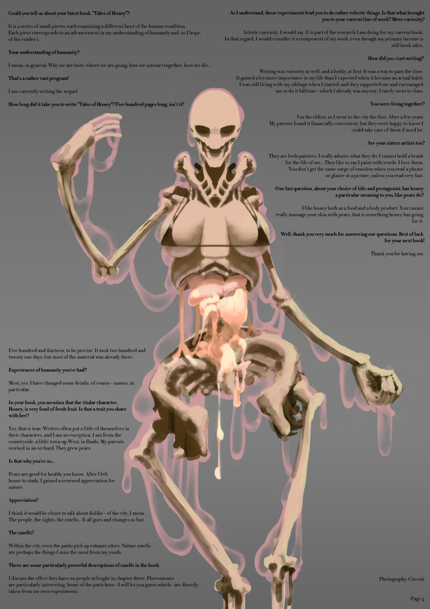 animated_skeleton bone bottomless bra breasts ciircuit clothed clothing dialogue english_text female grey_background open_mouth raised_arm simple_background skeleton slime solo standing text undead underwear