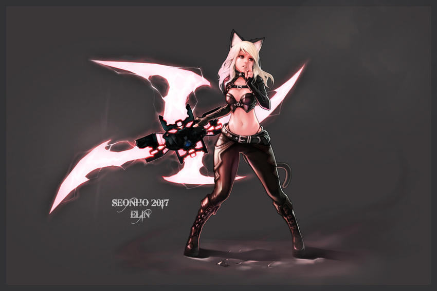 animal_ears belt black_footwear black_panties black_pants blonde_hair boots breasts brown_eyes bustier cat_ears cat_tail elin_(tera) energy_blade fighting_stance fingerless_gloves full_body gloves highleg highleg_panties highres holding holding_weapon huge_weapon knee_boots leather leather_pants long_hair midriff navel panties pants seon-ho shuriken small_breasts solo tail tera_online tight tight_pants underwear weapon