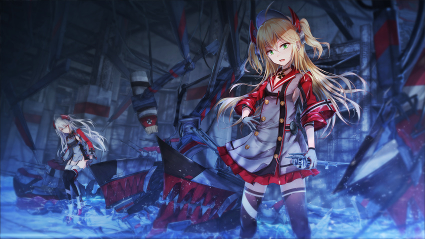 admiral_hipper_(azur_lane) ahoge antenna_hair armband azur_lane bae.c bangs black_choker blonde_hair boyogo breasts cannon choker collarbone commentary eyebrows_visible_through_hair factory floating_hair garter_straps gloves green_eyes hair_between_eyes hair_ornament hat headgear highres holding holding_weapon indoors iron_cross jewelry long_hair looking_at_viewer machinery medium_breasts military military_uniform mole multicolored multicolored_clothes multicolored_hair multiple_girls open_mouth pendant prinz_eugen_(azur_lane) red_hair revision rigging ripples scepter sidelocks silver_hair small_breasts splashing standing standing_on_liquid stockings streaked_hair thighhighs two_side_up uniform very_long_hair wallpaper water weapon wet wind wind_lift