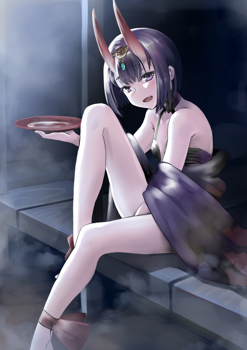 absurdres alcohol ankle_ribbon bare_legs bare_shoulders breasts cup fangs fate/grand_order fate_(series) hair_ornament highres horns japanese_clothes kimono looking_at_viewer night oni oni_horns open_mouth outdoors purple_eyes purple_hair red_ribbon ribbon sakazuki sake short_hair shuten_douji_(fate/grand_order) sitting small_breasts smile solo yonago_miko