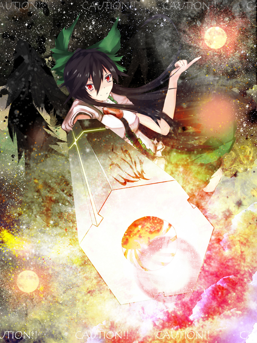 bird_wings black_hair black_wings bow cape commentary_request firing_at_viewer hair_bow highres index_finger_raised long_hair looking_at_viewer red_eyes reiuji_utsuho smirk sora_(cautionutuho) touhou weapon wings