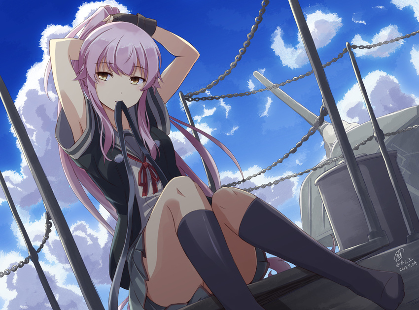 black_gloves black_legwear gloves grey_sailor_collar grey_skirt kantai_collection kneehighs long_hair mouth_hold pink_hair pleated_skirt ponytail red_ribbon remodel_(kantai_collection) ribbon sailor_collar short_sleeves skirt solo tri very_long_hair yellow_eyes yura_(kantai_collection)