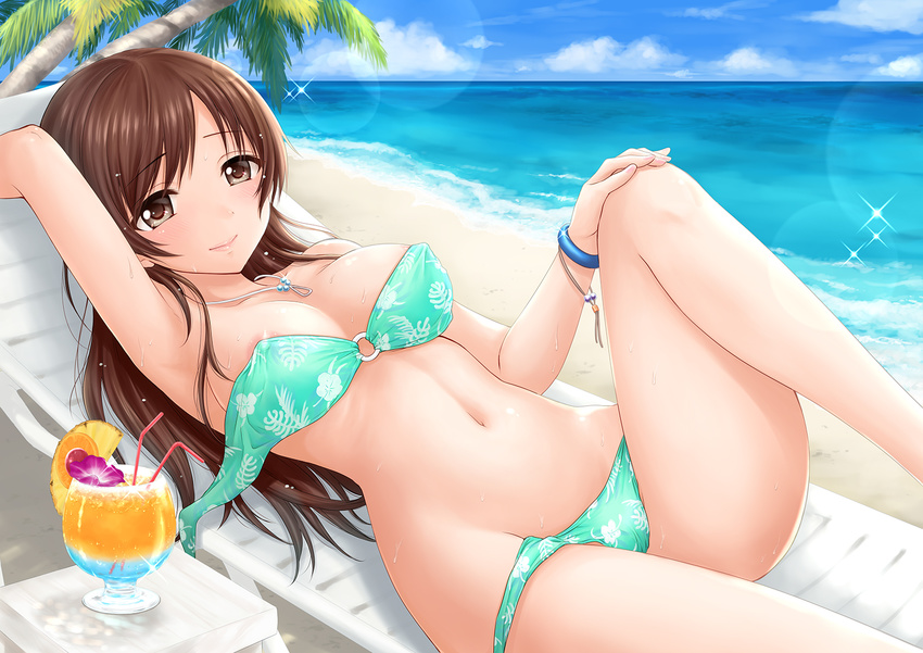 areola_slip areolae beach bikini blush breasts brown_eyes brown_hair commentary_request day drink eyebrows_visible_through_hair idolmaster idolmaster_cinderella_girls jewelry long_hair looking_at_viewer lying medium_breasts navel necklace nitta_minami ocean on_back ozaki_mirai shore solo sparkle swimsuit tropical_drink