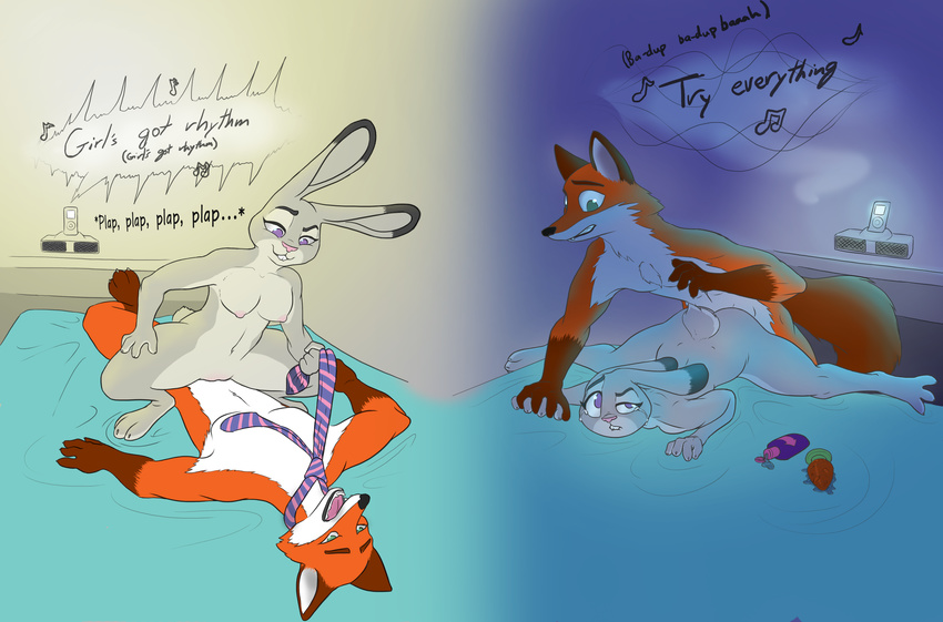 2017 anal anthro buttplug canine colored cowgirl_position crying digital_media_(artwork) dimples_of_venus disney duo english_text female fox fur ipod judy_hopps lagomorph lube male male/female mammal mrponeswildride music nick_wilde nude on_top penetration purple_eyes pussy rabbit sex sex_toy simple_background tears text tie_pull vaginal zootopia