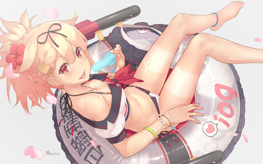 :p adapted_costume ankleband anklet barefoot bikini bikini_under_clothes blonde_hair blush bracelet braid breasts cleavage crop_top crown_braid dan_(kumadan) downblouse flower food food_on_body hair_flower hair_ornament hair_ribbon hairclip halterneck innertube jewelry kantai_collection looking_at_viewer lying medium_breasts midriff mirror_image navel necklace off-shoulder_shirt petals poi popsicle red_eyes remodel_(kantai_collection) ribbon sailor_collar saliva saliva_trail shirt side-tie_bikini side_braid skirt skirt_removed smile solo swimsuit tan tanline tied_hair tongue tongue_out white_bikini wristband yuudachi_(kantai_collection)