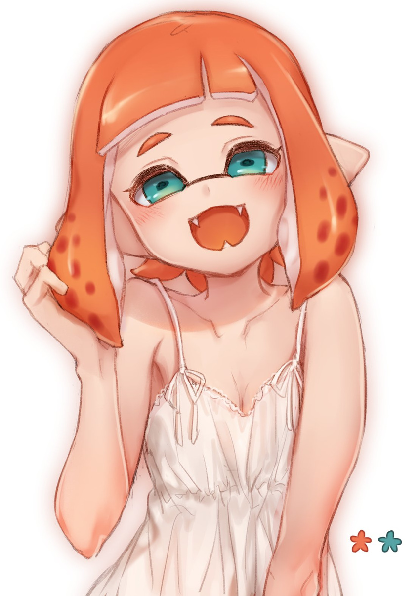 adjusting_hair bangs blunt_bangs breasts domino_mask dress fangs green_eyes highres inkling looking_at_viewer mask mimimi_(echonolog) open_mouth orange_hair pointy_ears short_hair simple_background small_breasts smile solo spaghetti_strap splatoon_(series) splatoon_2 standing sundress tentacle_hair upper_body white_background white_dress