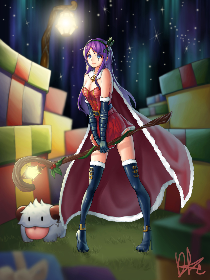absurdres aurora bad_id bad_pixiv_id black_footwear black_gloves blue_eyes blush boots breasts cleavage closed_mouth elbow_gloves emilia_leblanc eyebrows_visible_through_hair gift gloves high_heel_boots high_heels highres holding holding_staff large_breasts league_of_legends lee_seok_ho long_hair looking_away mistletoe_leblanc poro_(league_of_legends) purple_hair signature smile snowing solo staff thigh_boots thighhighs