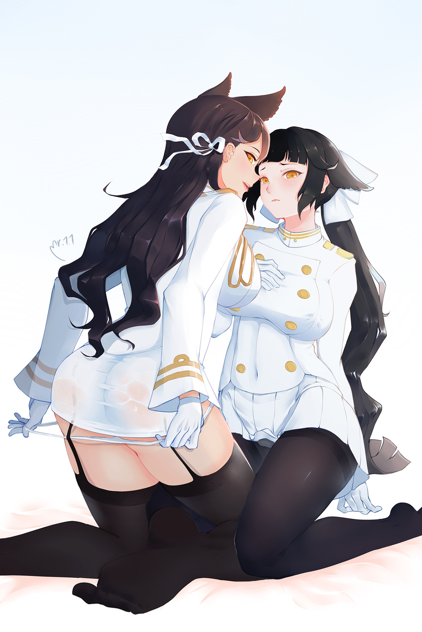 animal_ears ass atago_(azur_lane) azur_lane back bangs bed_sheet black_hair black_legwear blunt_bangs bow breasts brown_legwear buttons closed_mouth commentary_request dress from_behind garter_straps gloves hair_bow hair_ribbon hand_on_own_chest highres kneeling long_hair long_sleeves looking_at_viewer looking_back medium_breasts military military_uniform miniskirt multiple_girls no_shoes on_bed orange_eyes panties panties_under_pantyhose panty_pull pantyhose pantyshot parted_lips pink_lips pleated_skirt ponytail pulled_by_self ribbon see-through sidelocks signature skirt smile takao_(azur_lane) thighband_pantyhose thighhighs thighs tsurime underwear uniform very_long_hair white_bow white_gloves white_panties white_ribbon white_skirt yellow_eyes yueguang_zhanglang