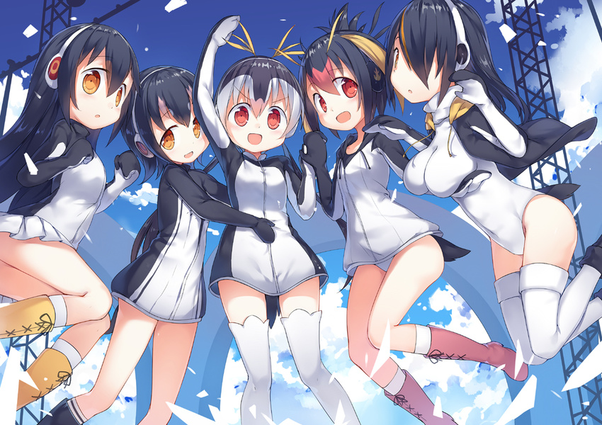 black_hair blush boots breasts brown_eyes emperor_penguin_(kemono_friends) eyebrows_visible_through_hair fred04142 gentoo_penguin_(kemono_friends) hug humboldt_penguin_(kemono_friends) kemono_friends knee_boots kneehighs large_breasts long_hair looking_at_viewer multicolored_hair multiple_girls open_mouth penguins_performance_project_(kemono_friends) red_eyes red_footwear red_hair rockhopper_penguin_(kemono_friends) royal_penguin_(kemono_friends) short_hair smile thighhighs twintails white_hair white_legwear yellow_footwear