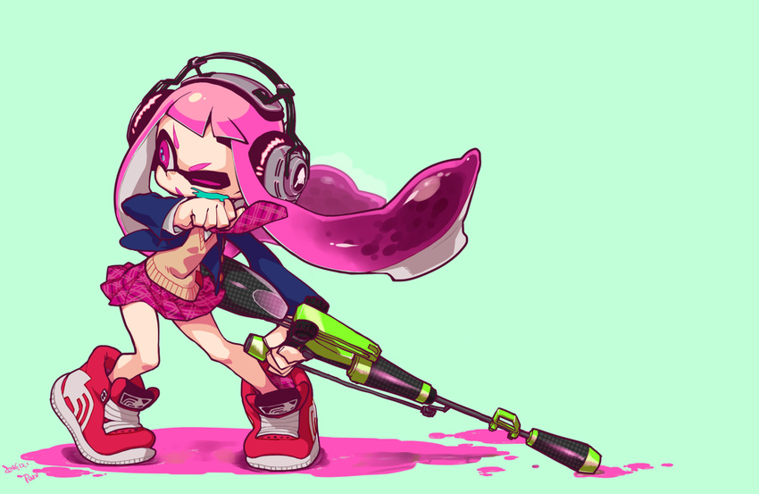 aqua_background artist_name bangs blazer blue_jacket brown_sweater cross-laced_footwear domino_mask dress_shirt full_body gun headphones hero_charger_(splatoon) holding holding_gun holding_weapon inkling jacket long_hair looking_to_the_side mask miniskirt necktie one_eye_closed open_blazer open_clothes open_jacket paint_splatter pani_spla parted_lips pink_eyes pink_hair plaid plaid_neckwear plaid_skirt pleated_skirt purple_neckwear purple_skirt red_footwear school_uniform shirt shoes signature simple_background skirt sneakers solo splatoon_(series) standing sweater tentacle_hair v-neck weapon white_shirt