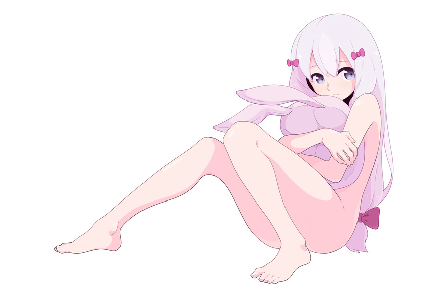 bangs barefoot blue_eyes bow closed_mouth doll_hug eromanga_sensei eyebrows_visible_through_hair feet fingernails full_body hair_bow hair_ornament highres izumi_sagiri kent knees_up long_hair low-tied_long_hair nude pink_bow red_bow sidelocks silver_hair simple_background sitting solo stuffed_animal stuffed_bunny stuffed_toy toenails toes white_background