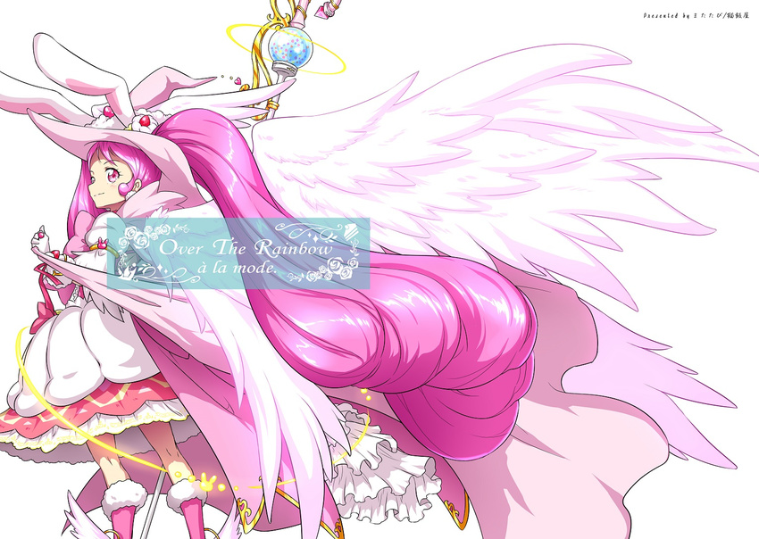 animal_ears bunny_ears cape cure_whip extra_ears food food_themed_hair_ornament frills fruit gloves hair_ornament hat kirakira_precure_a_la_mode long_hair looking_at_viewer magical_girl mahou_girls_precure! matatabi_(karukan222) pink_cape pink_eyes pink_hair precure precure_all_stars smile solo strawberry twintails usami_ichika wings witch_hat