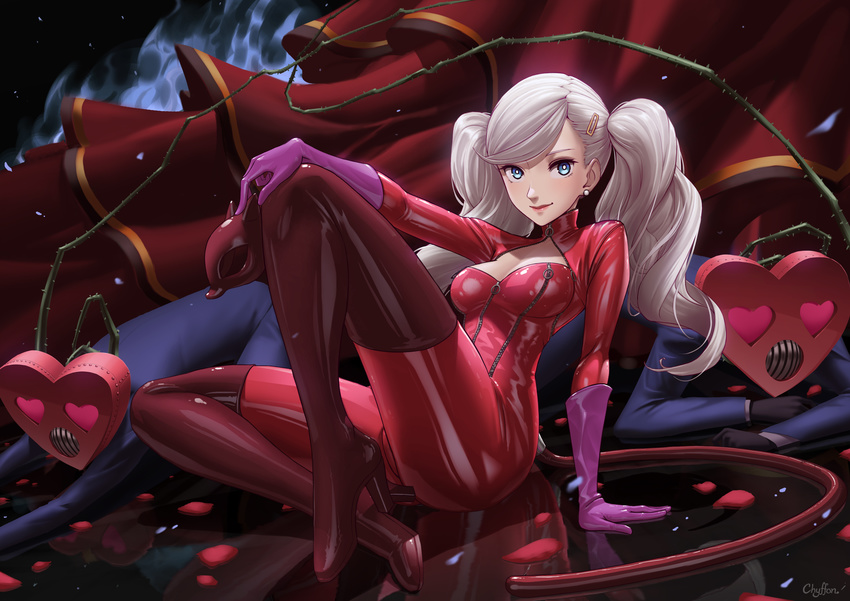1girl blonde_hair blue_hair bodysuit breasts carmen_(persona_5) chyffon cleavage dress earrings fake_tail familiar full_body gloves hair_ornament hairclip holding latex_suit looking_at_viewer mask medium_breasts out_of_frame persona persona_5 petals sitting tail takamaki_anne thigh_boots twintails vines zipper