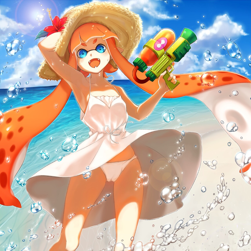 armpits bad_id bad_pixiv_id bangs beach blue_eyes blunt_bangs casual cloud cloudy_sky commentary_request crotch_seam day domino_mask dress dress_lift droplet fangs flower hand_on_headwear hat hat_flower highres holding holding_weapon inkling lens_flare long_hair mask mimimi_(echonolog) ocean open_mouth orange_hair panties pantyshot pantyshot_(standing) pointy_ears short_dress sky smile solo spaghetti_strap splatoon_(series) splattershot_(splatoon) standing straw_hat sun sun_hat sundress tentacle_hair underwear very_long_hair weapon wet white_dress white_panties wind wind_lift