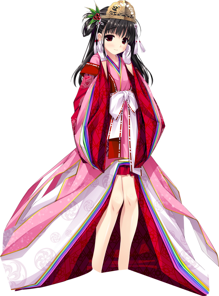 absurdres black_hair blush gloves hands_on_own_face haruru_minamo_ni! headdress highres japanese_clothes long_hair long_sleeves looking_at_viewer maetenkan official_art red_eyes shintarou smile solo transparent_background white_gloves wide_sleeves yamagami_miori