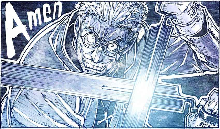 alexander_anderson bayonet blade blue catchphrase clenched_teeth commentary_request cross cross_necklace english glasses gloves grin hellsing holding holding_weapon jacket jewelry long_sleeves male_focus monochrome necklace sakino_shingetsu scar smile solo teeth text_focus weapon