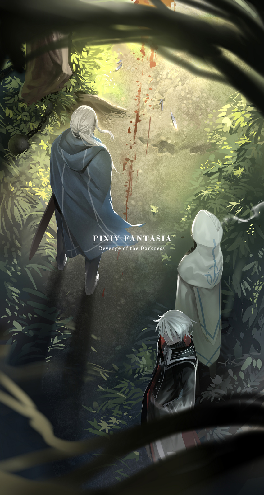 absurdres ball_and_chain blood blood_splatter blurry cloak commentary copyright_name depth_of_field fantasy feathers forest from_above from_behind hands_in_pockets highres hood leaf long_hair multiple_boys nature out_of_frame path pixiv_fantasia pixiv_fantasia_revenge_of_the_darkness ponytail road shadow sheath short_hair silver_hair sword weapon white_hair wind yuushoku