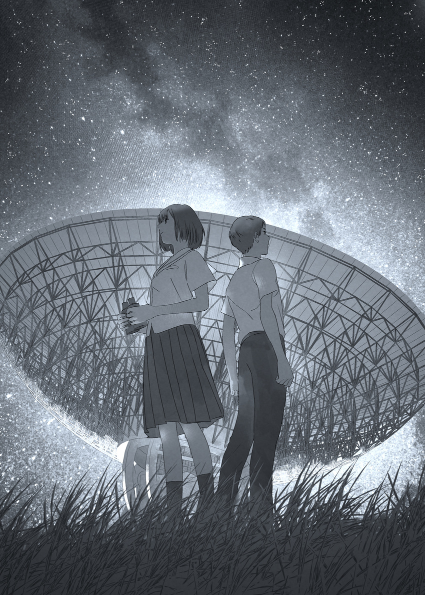 1girl back-to-back binoculars grass greyscale halftone halftone_background highres long_pants milky_way monochrome namito night night_sky original outdoors pants pleated_skirt radio_telescope short_hair short_sleeves skirt sky standing star_(sky) starry_sky