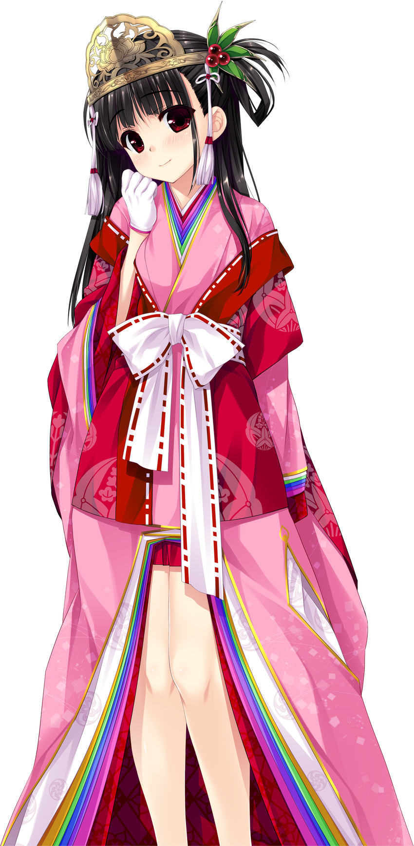 absurdres black_hair blush clenched_hand gloves haruru_minamo_ni! headdress highres japanese_clothes long_hair long_sleeves looking_at_viewer maetenkan official_art red_eyes shintarou smile solo transparent_background white_gloves wide_sleeves yamagami_miori