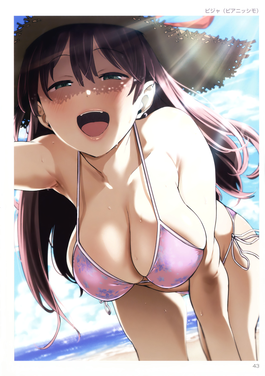 :d absurdres arm_up armpits ass_visible_through_thighs beach bent_over bikini blue_eyes blush breasts cleavage collarbone cowboy_shot day dutch_angle half-closed_eyes hat hat_ribbon highres large_breasts long_hair looking_at_viewer non-web_source open_mouth outdoors pija_(pianiishimo) pink_bikini purple_hair ribbon scan side-tie_bikini smile solo strap_gap straw_hat sun_hat sunlight sweat swimsuit toranoana