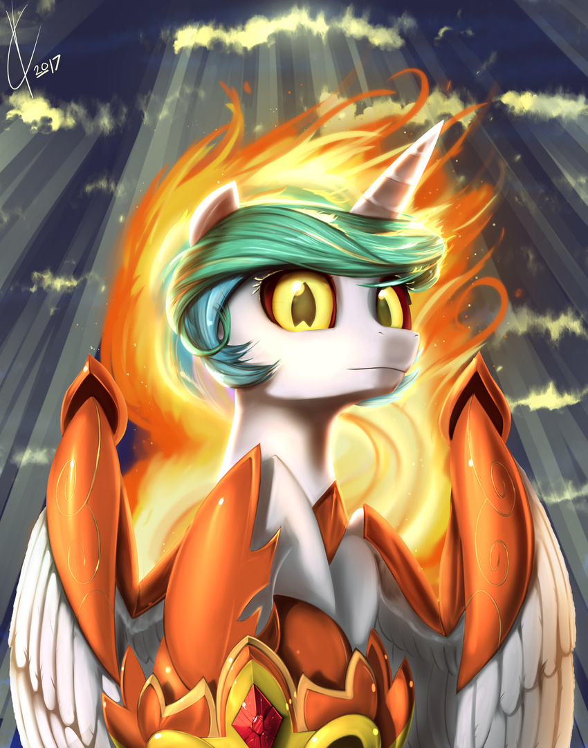 2017 amber_eyes armor crown daybreaker_(mlp) equine female fire friendship_is_magic horn looking_at_viewer mammal my_little_pony portrait slit_pupils solo valcron winged_unicorn wings