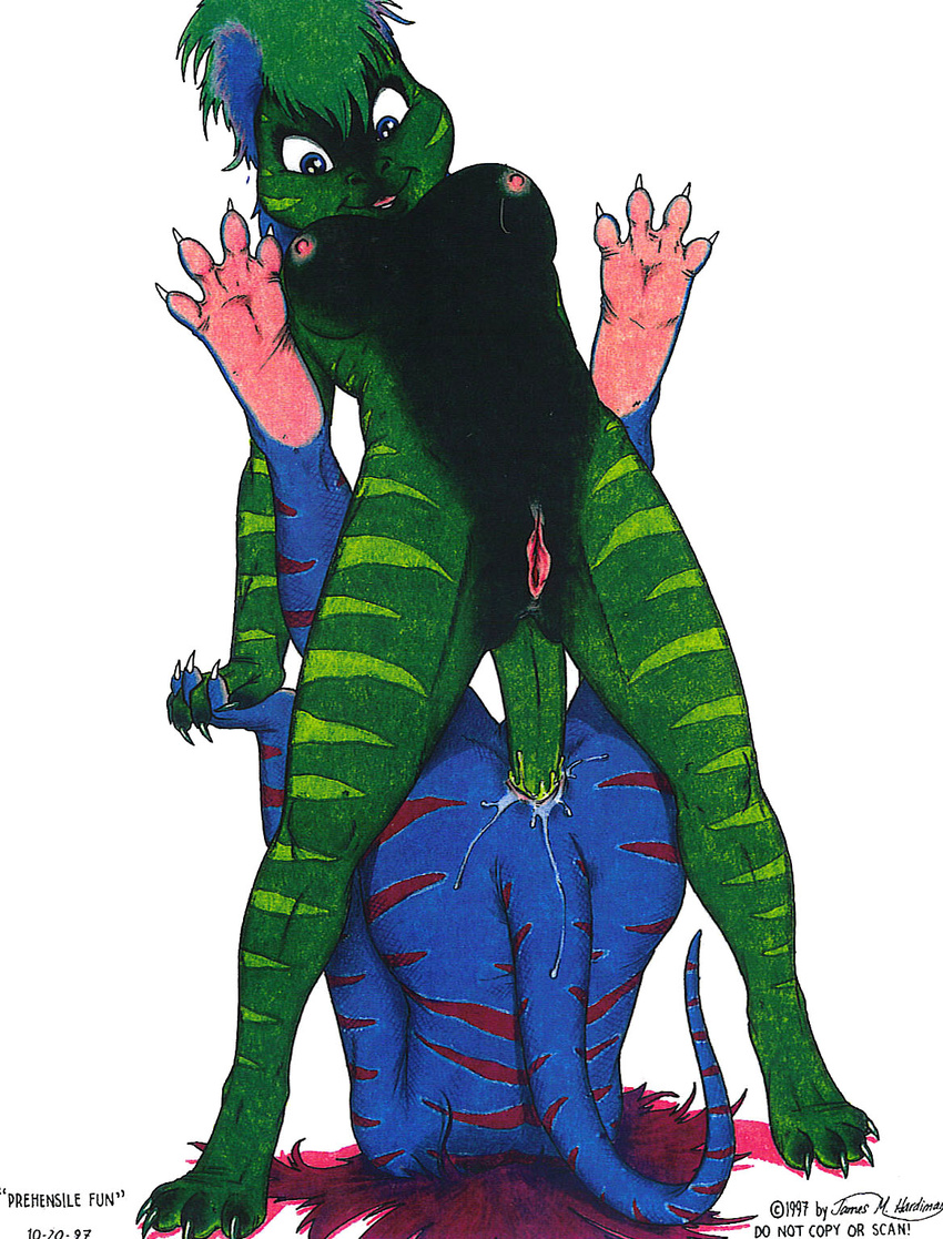 1997 anal anal_penetration anthro anus ass_up blue_eyes breasts claws desiree_(jmh) duo female female/female hair hand_holding hindpaw james_m_hardiman lizard multicolored_hair nude open_mouth paws penetration pussy red_hair reptile reverse_piledriver_position scalie sex simple_background spread_toes stripes tail_sex toe_claws white_background