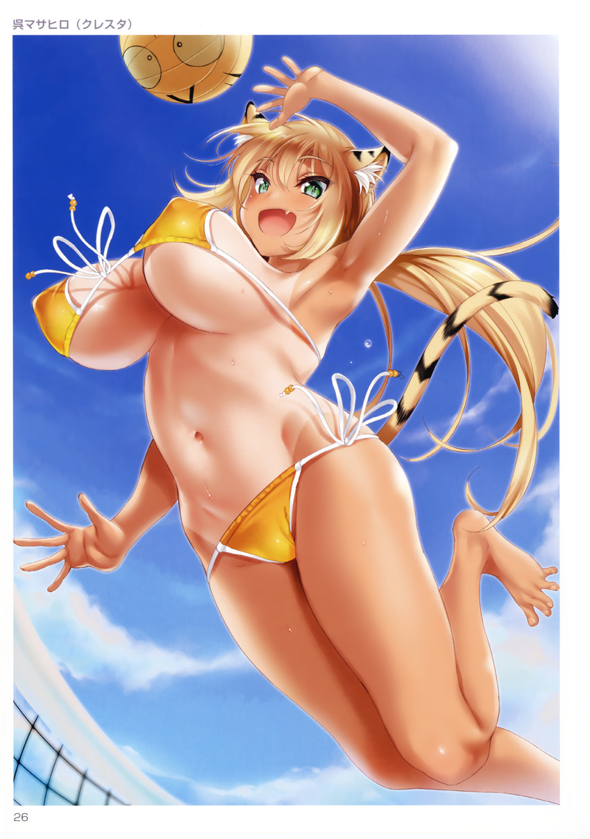 :d absurdres animal_ears arm_up armpits bare_legs barefoot bikini blonde_hair blue_sky bouncing_breasts breasts covered_nipples day eyebrows_visible_through_hair fang front-tie_bikini front-tie_top green_eyes highres huge_breasts jumping kotora_(toranoana) kure_masahiro long_hair low_ponytail navel non-web_source one-piece_tan open_mouth outdoors scan side-tie_bikini sky smile solo spread_toes sweat swimsuit tail tan tanline tiger_ears tiger_tail toranoana volleyball volleyball_net yellow_bikini