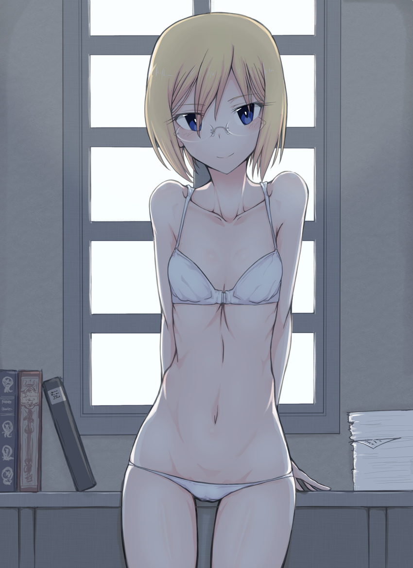 absurdres blonde_hair blue_eyes book bra breasts glasses groin highres looking_at_viewer lowleg lowleg_panties midriff nasubi4499 navel panties papers ribs short_hair skinny small_breasts smile solo strike_witches underwear ursula_hartmann white_bra white_panties window world_witches_series