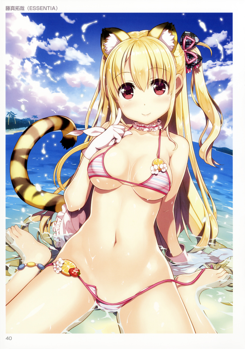 absurdres animal_ears arm_support bangs beach bikini blonde_hair blue_sky bow breasts closed_mouth cloud day detached_collar eyebrows_visible_through_hair fake_animal_ears fujima_takuya gloves hair_bow highres long_hair looking_at_viewer medium_breasts navel non-web_source one_side_up original outdoors palm_tree partially_submerged red_eyes scan side-tie_bikini sitting sky smile solo striped striped_bikini swimsuit tail tiger_tail toranoana tree wardrobe_malfunction wet white_gloves