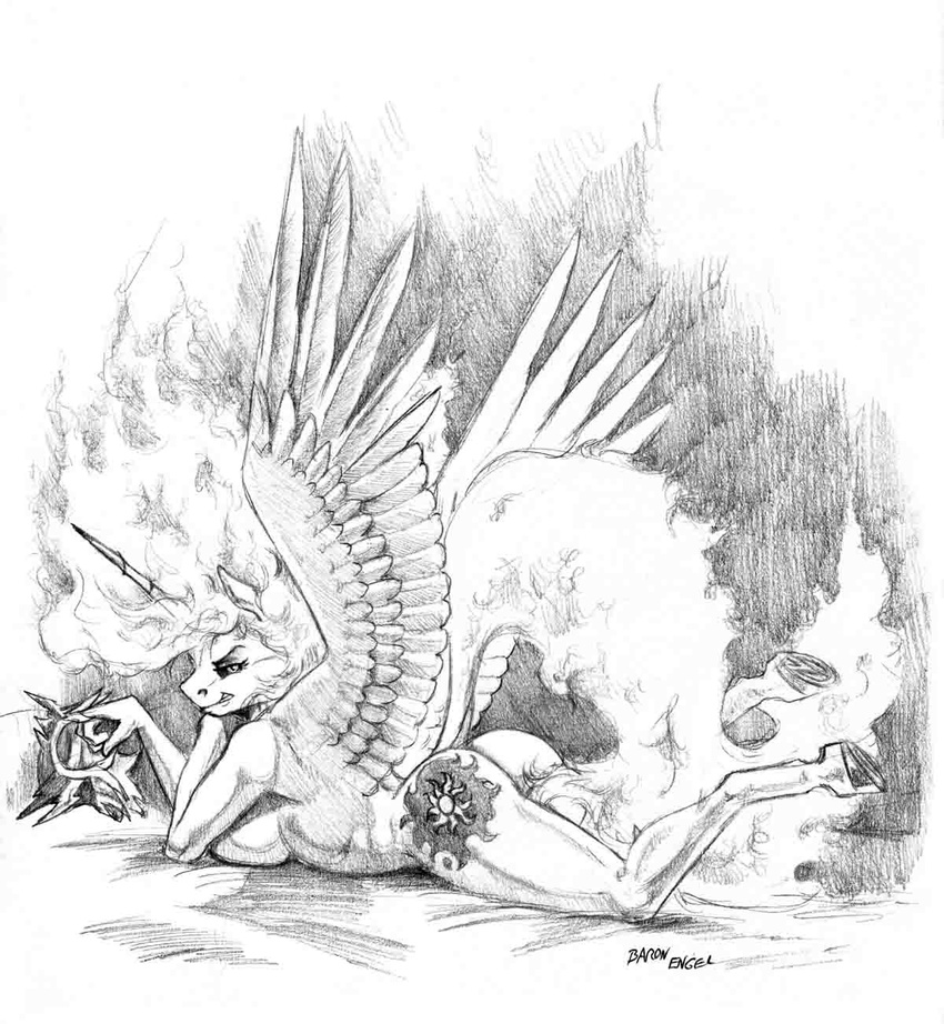 anthro anthrofied baron_engel big_breasts breasts butt cutie_mark daybreaker_(mlp) dock equine feathered_wings feathers female friendship_is_magic horn horse looking_at_viewer looking_back mammal my_little_pony nude pony raised_tail simple_background solo winged_unicorn wings
