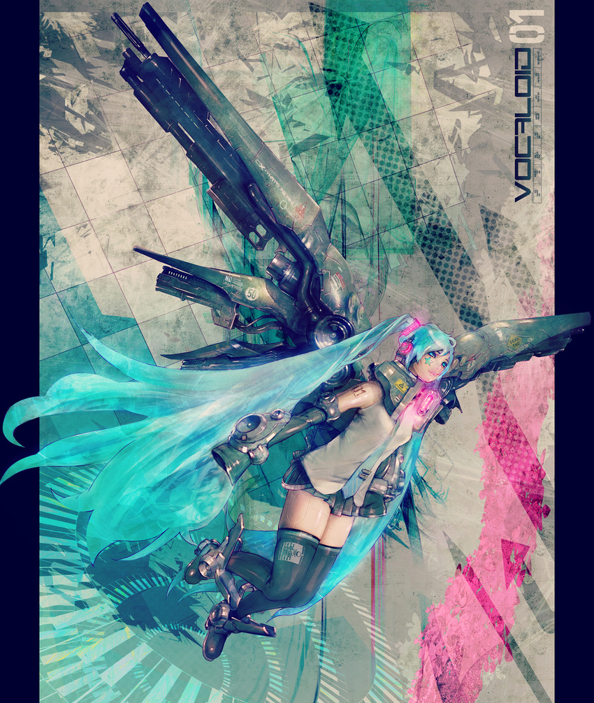 absurdres aqua_eyes aqua_hair artificial_wings black_legwear copyright_name cyborg detached_sleeves facial_mark floating_hair flying full_body glowing grey_shirt hatsune_miku headphones highres lips long_hair looking_at_viewer mechanization miniskirt necktie noboundary parted_lips pillarboxed shirt sign skirt skull_and_crossbones sleeveless solo star thighhighs twintails very_long_hair vocaloid warning_sign zettai_ryouiki