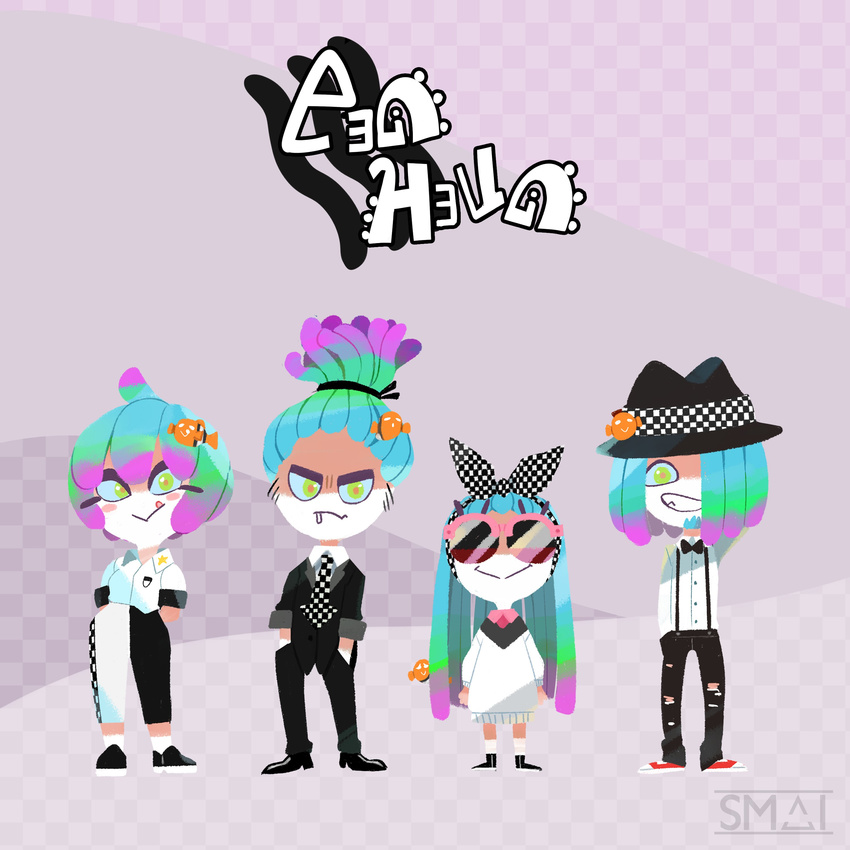 2girls absurdres artist_name blue_sclera boater_hat bow bowtie checkered checkered_background clownfish commentary facial_hair full_body goatee gradient_hair green_eyes grey_background hair_over_one_eye hands_in_pockets highres lineup logo looking_at_viewer multicolored_hair multiple_boys multiple_girls original sami_briggs sea_anemone splatoon_(series) sunglasses sweater