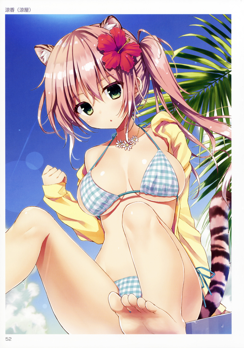 absurdres animal_ears artist_name bangs barefoot bikini blue_sky breasts breasts_apart checkered checkered_bikini cloud day eyebrows_visible_through_hair flower green_eyes hibiscus highres jacket jewelry long_hair long_sleeves medium_breasts necklace non-web_source off_shoulder open_clothes open_jacket original outdoors pink_hair ryouka_(suzuya) scan side_ponytail sitting sky solo swimsuit tail tiger_tail toranoana