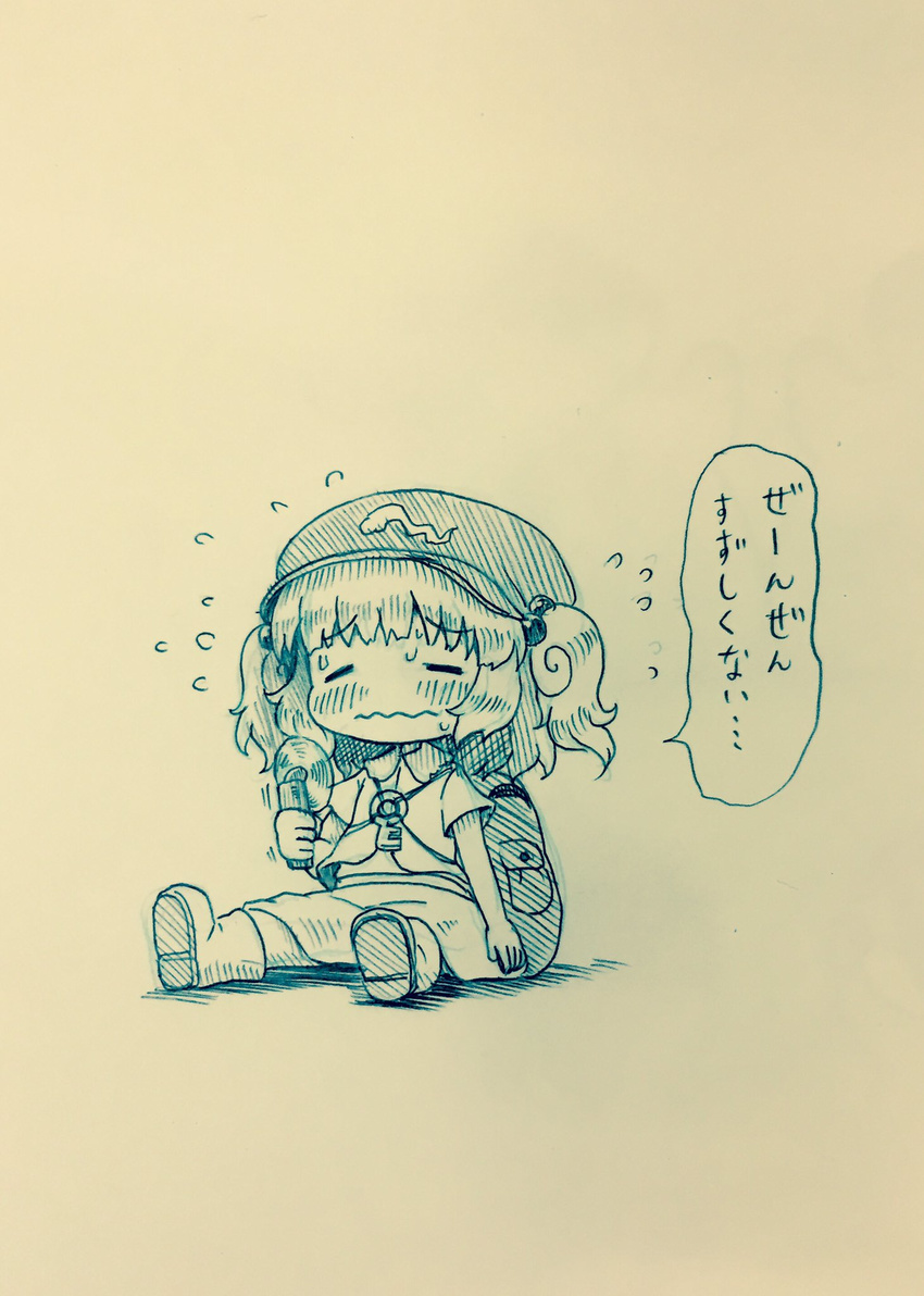 arinu backpack bag blush commentary hair_bobbles hair_ornament handheld_fan hat highres hot kappa kawashiro_nitori key monochrome short_hair solo sweat sweatdrop touhou traditional_media translation_request two_side_up