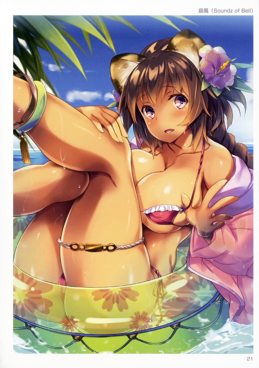 absurdres animal_ears artist_name bikini blue_sky blush bracelet breasts brown_hair cleavage cloud collarbone dark_skin day floral_print flower hair_flower hair_ornament hibiscus highres innertube jacket jewelry large_breasts looking_at_viewer non-web_source open_clothes open_jacket open_mouth original outdoors purple_eyes scan see-through shimakaze sitting sky solo swimsuit thigh_strap toranoana wet